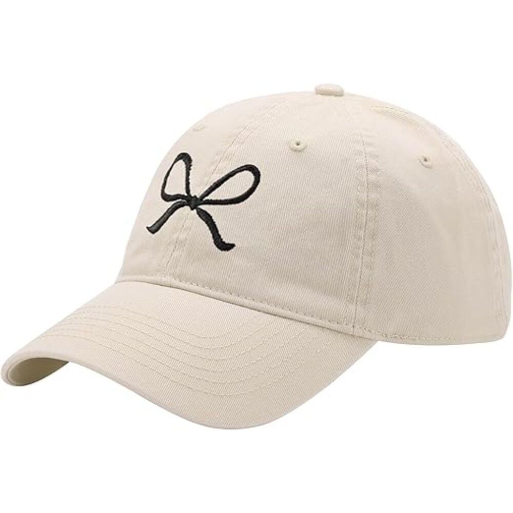 Unisex Beige Black Embroidered Bow Tie 100% Cotton Adjustable Fit Baseball Caps